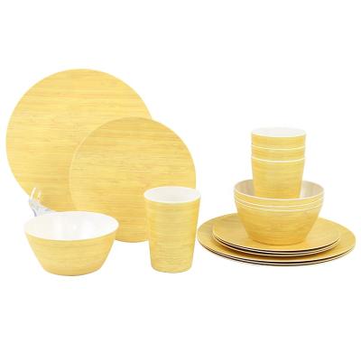 China New Design Dinnerware Set Free Sample Gold Melamine Wooden Grain Eco-friendly Sustainable Plastic Dinnerware Set for sale