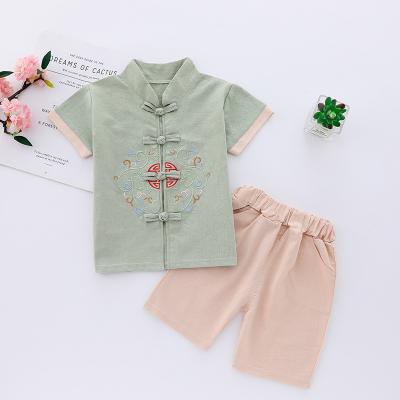 China New Chinese Style Spring Children's Hanfu Cotton and Boy's Canvas Short Suit Hand-Button Shirt Sleeve Chinese Traditional Clothing for Kids for sale