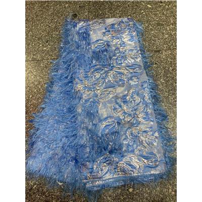 China Viable Luxury Royal Blue Dubai Brocade Lace Fabrics 2021 Fringe Tassels Lace Brocade Lace Fabric For Women for sale