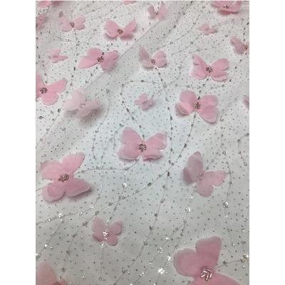 China 2020 Viable High Quality Nigerian Beads Lace Fabric 3D Pink Butterfly Lace Fabric For Women Wedding Dresses for sale