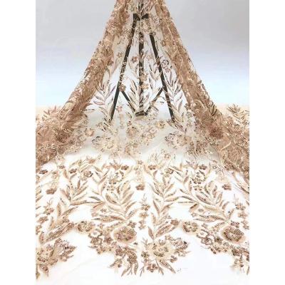 China Viable Design Luxury Gold Color Nice Lace Fabric African Beads Lace Fabric Embroidery Lace For Wedding for sale