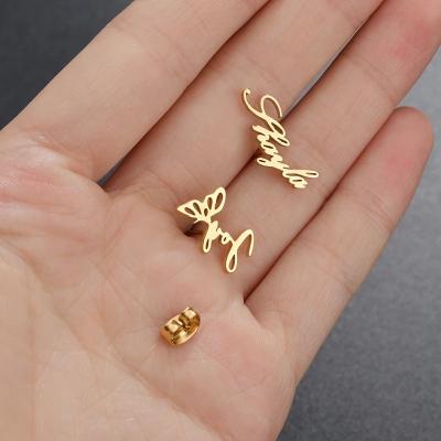 China Religious Personalized Name Initial Stud Earring Stainless Steel Gold Mail Earrings For Women Custom Name Earrings for sale