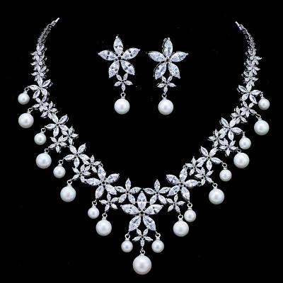 China LUOTEEMI FASHIONABLE Exquisite Rhodium Plated Sea Shell Pearl Clear Sparkling CZ Flower Luxury Bridal Wedding Jewelry Set for sale