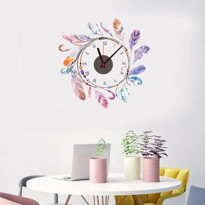 China Eco-friendly DIY Wall Decoration Stickers For Living Room Bedroom Office Feather Wall Clock Waterproof Colorful Sticker for sale