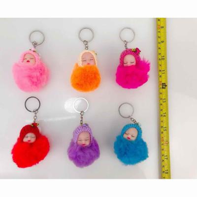 China Wholesale Custom Mini Toy Pom Pom Ball Bag Charm Cute Sleeping Baby Fluffy Fur Pendant - Doll Key Chain for sale