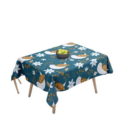 China Dobby Blue Color Printed Rectangle Waterproof Cotton Linen Table Cloth For Dinners Table Cover for sale