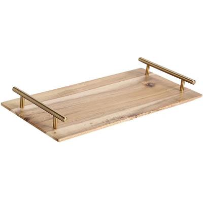 China Africa Factory price Rustic Christmas Dark Wood Nordic Metal Coffee Tray Household Rectangular Acacia Wooden Serving Tray for sale