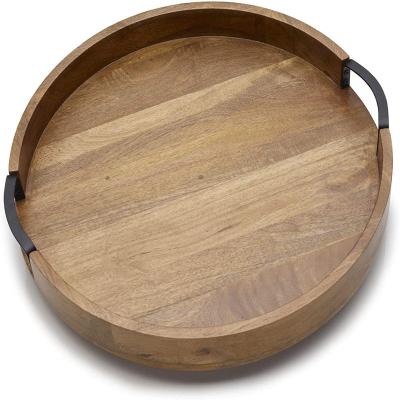 China Africa Wholesale Custom Rustic Brown Round Walnut Wood Serving Food Tray with Handles Best price for sale