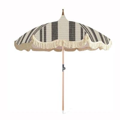 China Best Selling CLASSIC Factory Luxury Outdoor Premium Stripes Big Wooden Poles With Spinning Tassel Beach Umbrella for sale