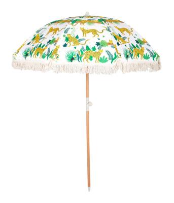 China Custom Made Luxury Portable 8 Feet Minimalist, Vintage Boho Polish Canvas Wooden Yellow Fringe Tassels Sun Parasols Outdoor Beach Umbrellas for sale