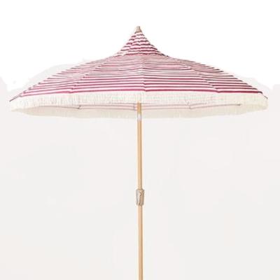 China Custom Minimalist Parasol Pagoda Hawaii Striped Wooden Tassel Fringe Beach Umbrellas Luxury Tassels for sale