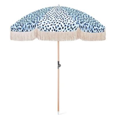 China Minimalist Custom Luxury Australia Beach Umbrellas Pole Cotton Hot Wooden Tassel Fringe Outdoor Sun Parasols for sale