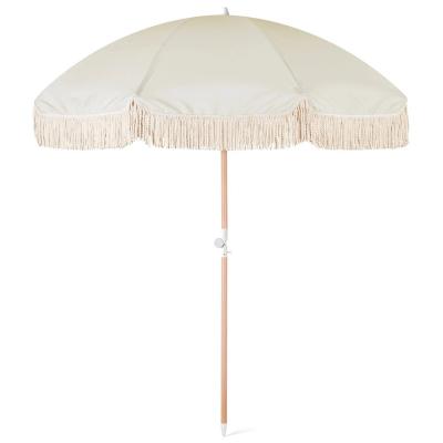 China Vintage Cotton Luxury Beach Umbrellas Minimalist Premium Real Wood Fringe Parasol With Tassels for sale