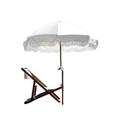 China Retro CLASSIC Vacation Pole Beach Umbrella Wood Fringe Antique White Trim for sale