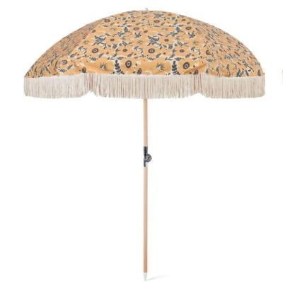 China Minimalist Wooden Pole Canopy Handmade Tassels Woven Beach Umbrella With Fringe for sale