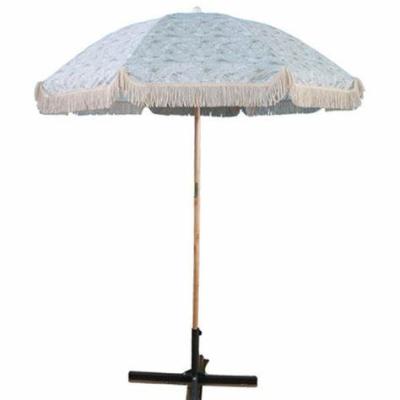 China 2021 High Quality Minimalist Outdoor Umbrellas, Foldable Fringe Luxury Logo Printed Wood Tassel Beach Umbrella for sale