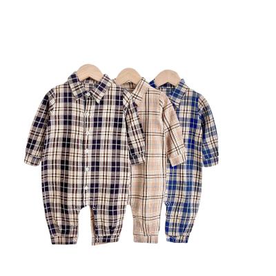 China Newborn baby clothes korean plaid baby boy gentleman romper design polyester/cotton baby overalls spring/cis long sleeve autumn romper popluar for sale