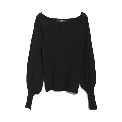 China Anti-wrinkle women's clothing knit big square neck long sleeve top square neck fashion casual women's T-shirt for sale