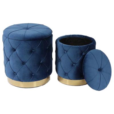 China Storage Velvet Round Stool Blue Color Stool Customized Metal Leg With Buttons Elegant Stool With Legs for sale