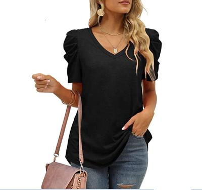 China Hot Sale QUICK DRY Summer Women's Casual Shirt V-Neck T-Shirts Puff Sleeve Tops For Women Solid Color S-2XL for sale