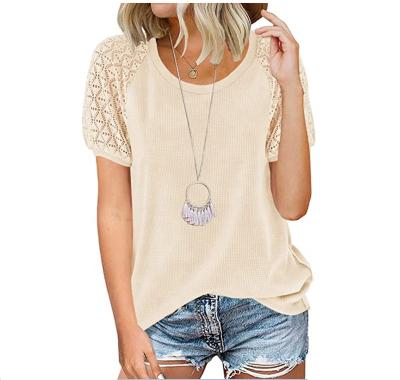 China QUICK DRY Women's Crew Neck Lace Short Sleeve Tops Waffle Knit Loose Casual Tee Blouse for sale