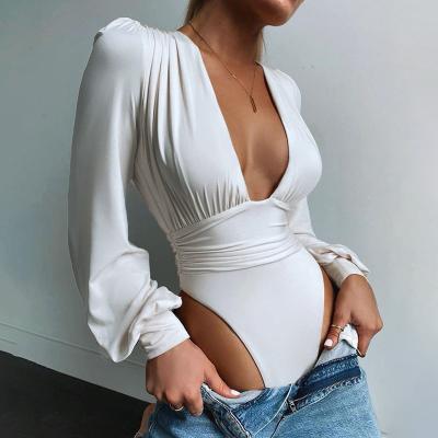 China Foreign Trade Viable High Quality Women's Sexy Long Sleeve Baby Jumpsuit Deep V Waist Pleated Temperament Tops for sale