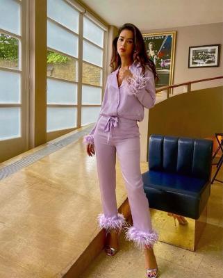 China Printing 2022Fashion Ladies Solid Color Suit Lapel Top Feather Pants Two Piece Set for sale