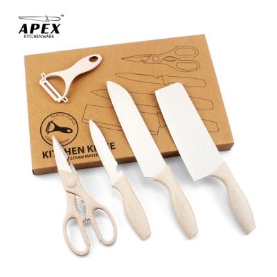 China Babies Wheat Straw Knife 5pcs Knife Set Eco-friendly Sustainable Cleaver Paring Scissors With Pink/Beige/Green Available for sale