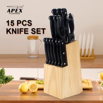 China Sustainable 15 Pcs Stainless Steel Knife Set With Sharpener And Wooden Block for sale