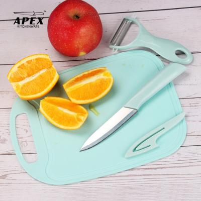 China Sustainable Portable Three Piece Set Stainless Steel Fruit Knife Peeler Cutting Board With Handle For Kids for sale