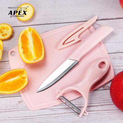 China Sustainable 3pcs Stainless Steel Fruit Vegetable Knife With Plastic Cutting Board for sale