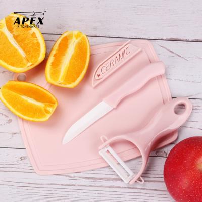 China Sustainable Stock Ceramic Fruit Knife Set Three Piece Set Cutting Board Chopper Fruit Knife Set Sharp for sale