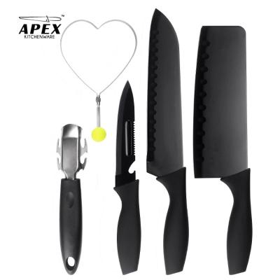 China 5 Piece Stainless Steel Apex Bottle Opener Serving Egg Cleaver Shiny Black Non-Stick Santoku Knife Viable Frying Tool for sale