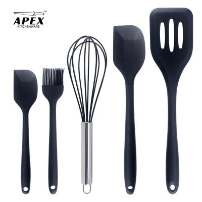 China Sustainable 5Pcs Kitchen Silicone Utensil Set For Cooking Non-Stick Spatula Set Notched Heat Resistant Cooking Turner Egg Whisk Basting Brush for sale