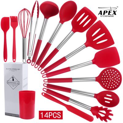 China Hot Selling Sustainable 14 Pieces Silicone Cookware Sets Food Grade Silicone Kitchenware Set With Stainless Steel Handle for sale