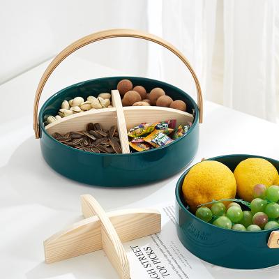 China Basket Stored Ceramic Fruit Dish And Wooden Dried Fruit Fruit Tray Modern Home Decor Tray With Handle Living Room Kitchen Decor Dish for sale