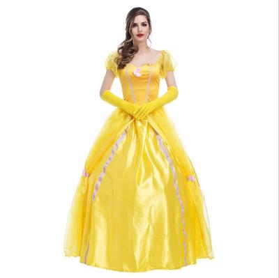 China Polyester Yellow Princess Dress Women TV and Movie Costumes Princess Dresses Halloween Costume Adult with Gloves and Movement for sale