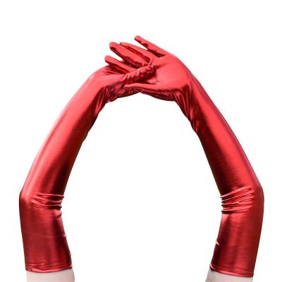 China Sexy Black Patent Leather Nightclub DS Poles Dance Gloves Women Leather Trim Red Gold Silver Long Gloves Party Gloves for sale