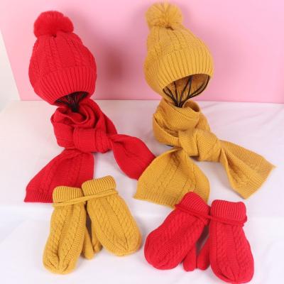 China Winter COMMON Children Hat Scarf Gloves Thick Warm Knitted Three-Piece Baby Plus Velvet Twist Baby Wool Beanies Set Of 3 BN002 for sale