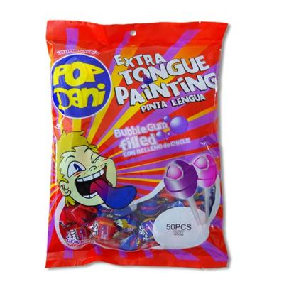 China 18g Normal Tongue Colored Painter Whistle Lollipop with Bubble Gum Filled for sale