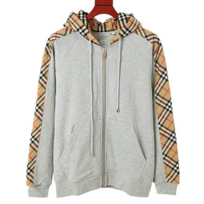 China Gray Cotton Embroidered Hoodie Men's Casual Street Fashion Plaid Zipper Sweater Anti-wrinkle Mens Womens Pullover Hoodie Jacket for sale