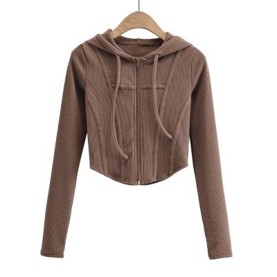 China Retro Autumn American Casual Short Sweater Women Hooded Zipper Anti-Wrinkle Solid Color Tops Cardigan for sale