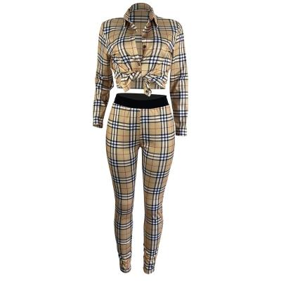 China Designer Brand anti-pilling streetwear women slim two-piece plaid fashion print fit suit for sale