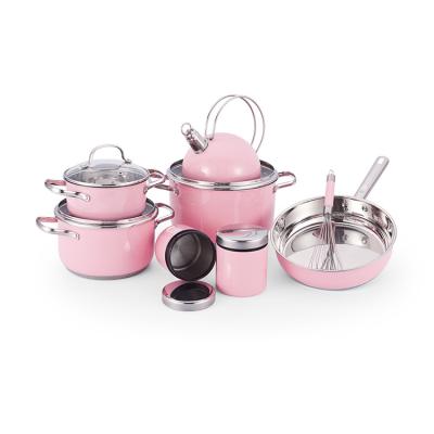 China Sustainable Luxury Design Pressed Mini Frying Stainless Steel Pot Clean Easy Set Cookware With Pink Coating for sale