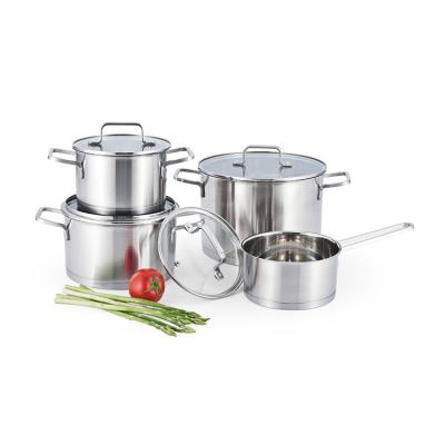 China Viable Pot Pan Set With Glass Lid Triple Logo Stainless Steel Kitchen Cookware Frying Pot Custom Oem Safe Metal Pots for sale