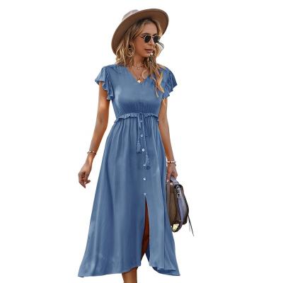 China Breathable Casual Solid Color V-Neck Bow Tassels Ruched Simple Front Split Hem Holiday Dresses Ladies Short Sleeve Women Dress for sale