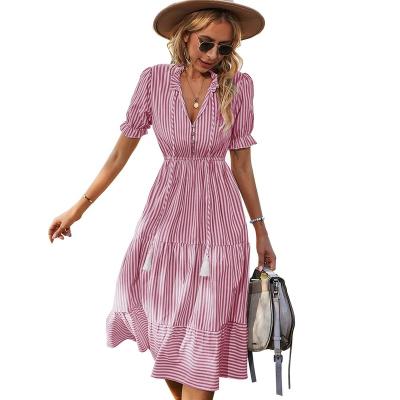 China Latest Fashion Leisure Anti - Static Short Sleeve Lace Up Striped Green Women Dress for sale