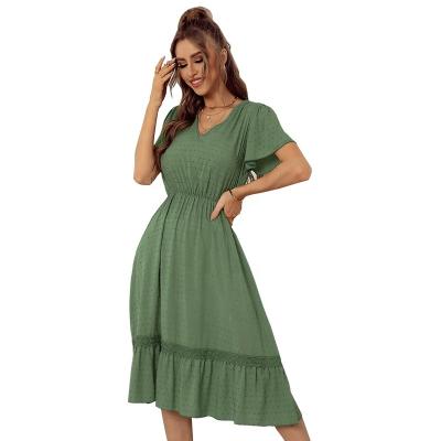 China New Anti-static Simple Short Edge V-Neck Sleeve Waist Anti-Static Summer Top Ruched Lace Trim Midi Dress For Women for sale