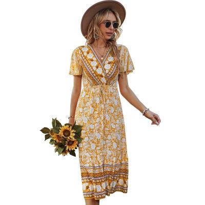 China Hot Sale Women's Vacation Women's Casual Dresses Breathable Floral V-Neck Summer Bohemian Dress Clothing for sale