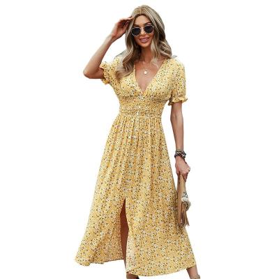 China Ladies Elastic Front Split Lower Hem Dresses Waist Vintage Bohemia Midi Dress High Women Floral Anti-static Casual V-Neck Dress for sale